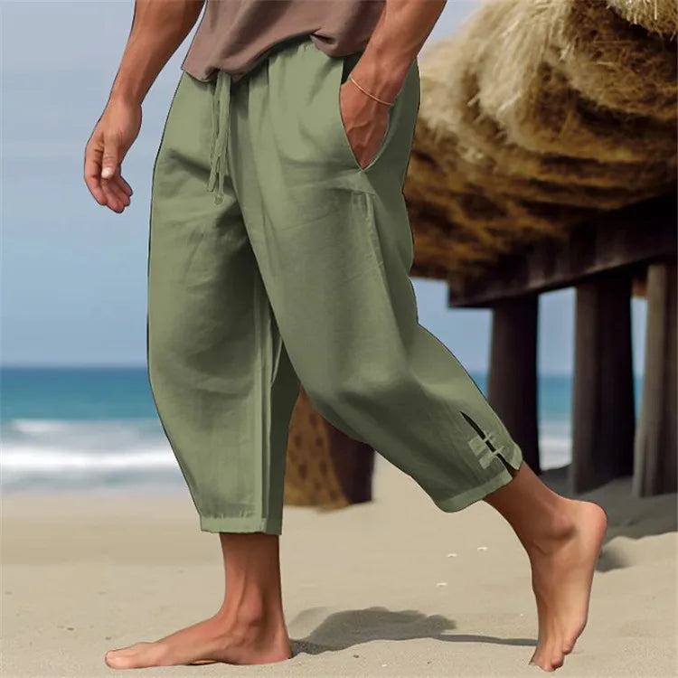 Pantalon en lin pour hommes, pantalon d'été, pantalon de plage, ceinture élastique, confortable et respirant, pantalon Captcha pour mollet, printemps