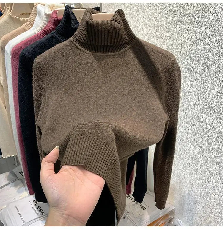 Pull épais à col haut pour femme, haut d'hiver chaud et doux, couleur unie, vêtements intérieurs, chemise à bascule, nouvelle collection 2025