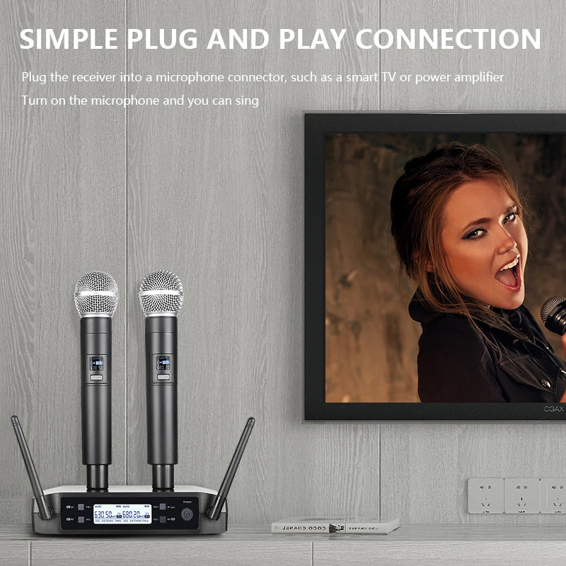 Microphone sans fil portatif à double canal, micro dynamique à fréquence fixe UHF pour karaoké, fête de mariage, spectacle d'église