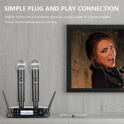 Microphone sans fil portatif à double canal, micro dynamique à fréquence fixe UHF pour karaoké, fête de mariage, spectacle d'église
