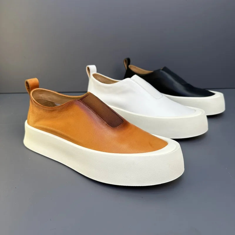 Baskets épaisses en cuir véritable pour hommes, chaussures décontractées, respirantes, à enfiler, haut de gamme