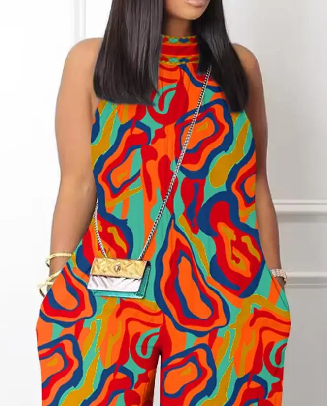 Combinaison décontractée à col montant pour femme, fibres de poche, imprimé abstrait, non commandé, jambe large, 03, 2023