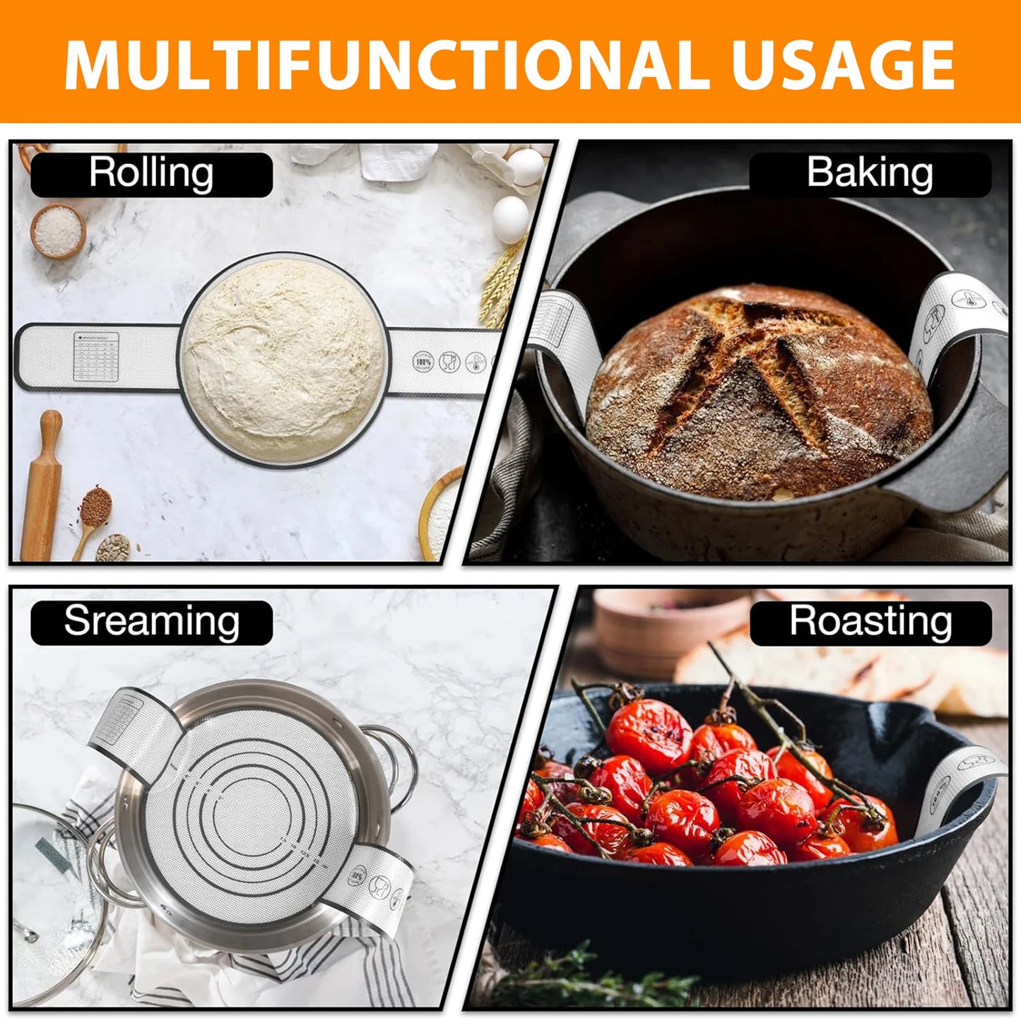 Élingue à pain en silicone pour four hollandais, tapis de cuisson réutilisable avec longs poignées, doublures antiadhésives pour pâte à pâtisserie transformée