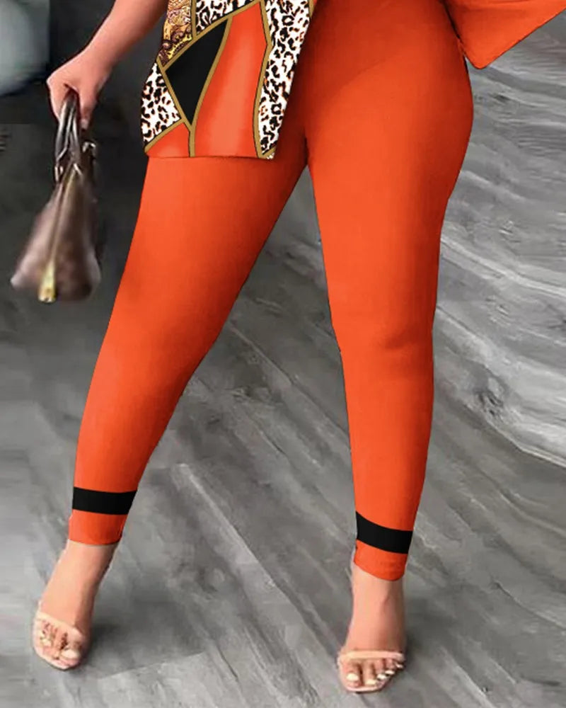 Ensemble deux pièces élégant pour femmes, nouvelle mode, imprimé, manches à volants, haut, pantalon de couleur unie, avec ceinture, chemisiers, vêtements féminins