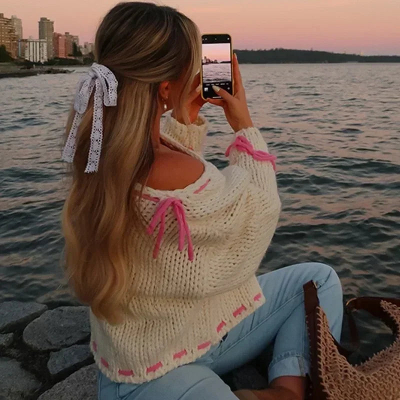 Pull tricoté à lacets pour femme, pull à manches longues, ample, à la mode, Y2K, nouvelle collection automne hiver 2024