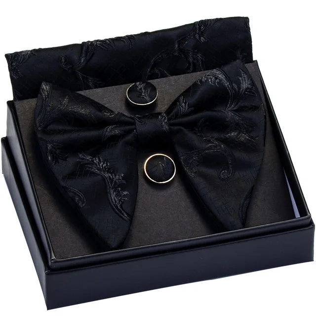 GUSLESON-Ensemble de boutons de manchette carrés à motif décoratif pour hommes, nœud papillon blanc noir, poche, boîte cadeau, cravate de la présidence de mariage