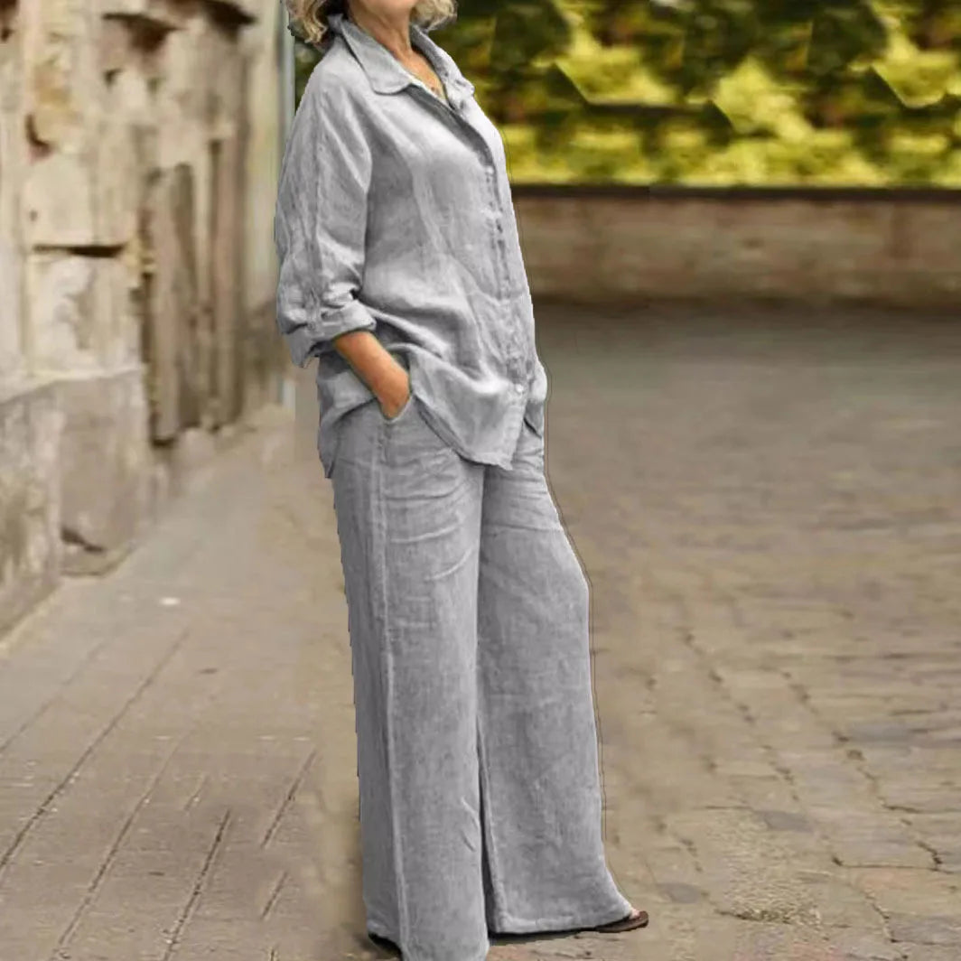 Ensemble 2 pièces en coton et lin pour femmes, chemise à manches longues, jambe large, mode féminine, bureau, printemps, automne