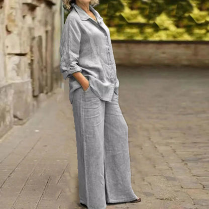 Ensemble 2 pièces en coton et lin pour femmes, chemise à manches longues, jambe large, mode féminine, bureau, printemps, automne