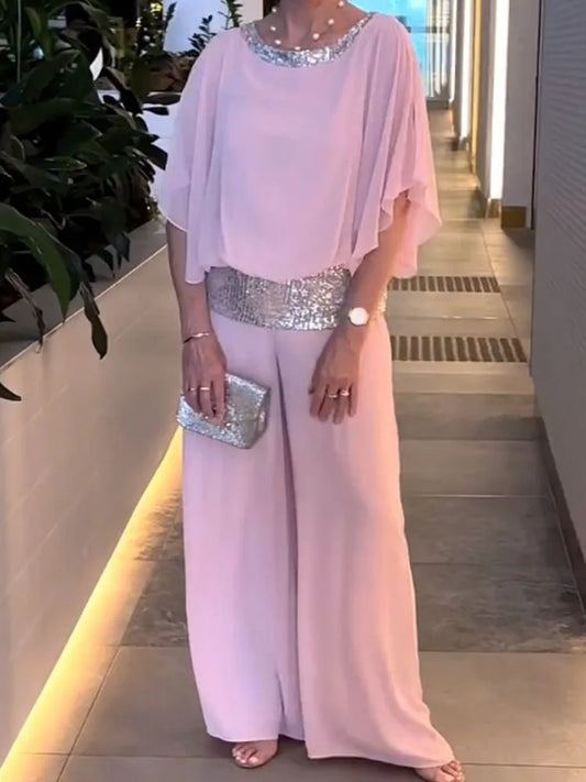 Femmes paillettes Patchwork ample chauve-souris Blouse pantalon ensembles 2 pièces vente rose chemisier ample et jambe large pantalon ample costumes NMD- 250310004