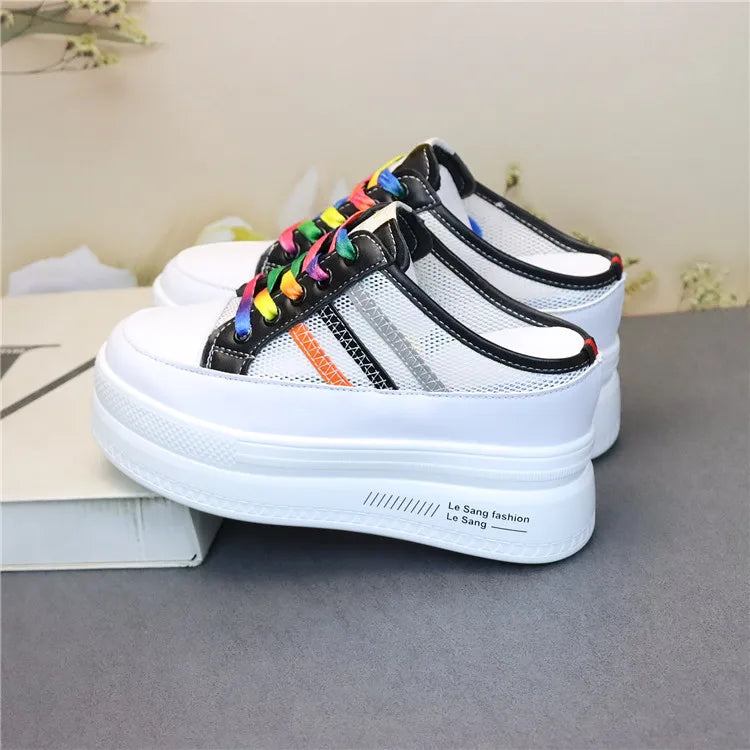 Pantoufles d'Été à Semelles Compensées pour Femmes, Chaussures Paresseuses en Maille Respirante pour Petits Pieds, Sandales à Plateforme Antidérapantes