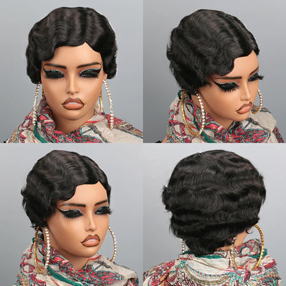 Perruque de Cheveux Humains Courts et Ondulés, Brun, Coupe Pixie, Style Océan, pour Femme
