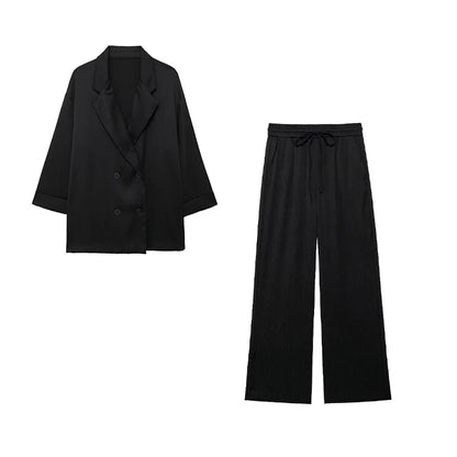 TRAFZA 2025 femmes pantalons décontractés ensemble taille haute pantalon à jambes larges + solide Beige ample glace soie Double boutonnage chemise hauts 2025 à la mode