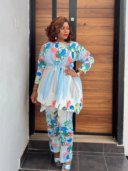 ANLAN-Ensemble Deux Pièces Plissé pour Femme, Imprimé, Manches sulf, Lacets, Taille Ronde, Pantalon Décontracté, Nouvelle Collection Automne 2024, 7YK3519