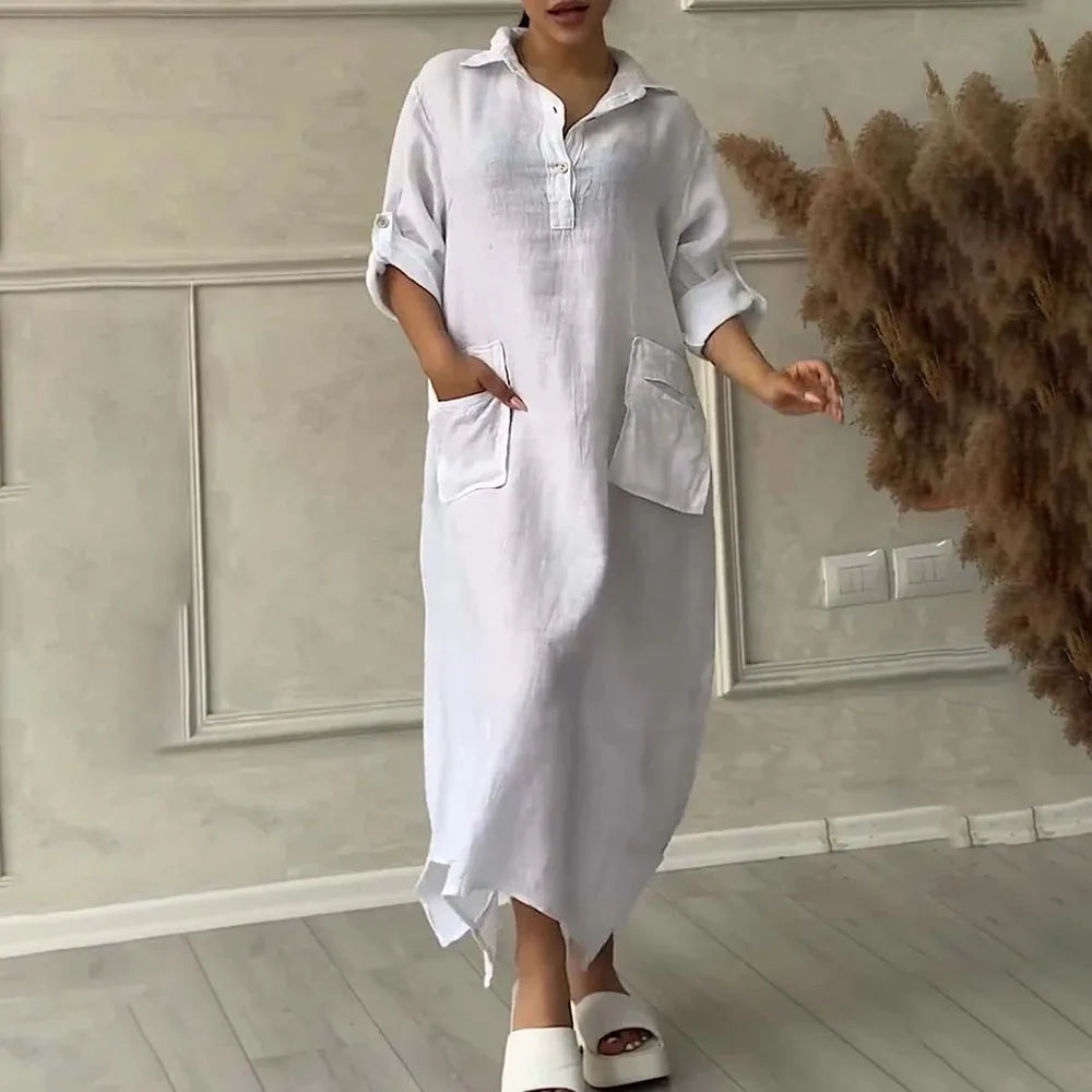 Robe longue en lin à manches longues pour femmes, robe maxi blanche avec poches, élégante, mode décontractée, été, 2024