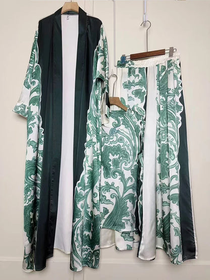 Cardigan long imprimé géométrique rétro, ensemble trois pièces, pull ample + jupe à jambes larges, costume à la mode pour femmes, été 2025