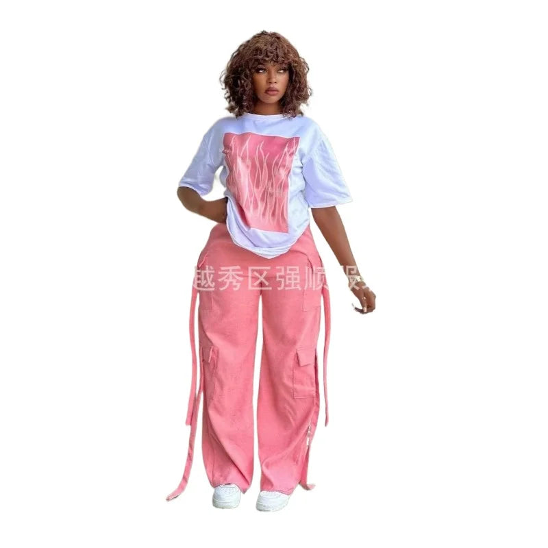 Personnalisé 2025 nouvelles femmes rayure imprimé 2 pièces ensembles survêtement femmes décontracté grande taille bureau montre de sport et pantalon à jambes larges ensemble