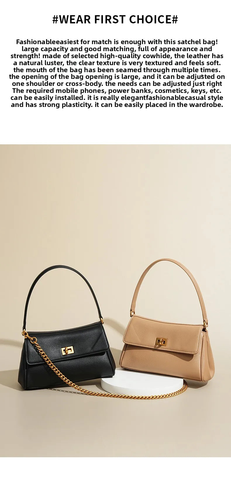 Sac à bandoulière en cuir de vache pour femmes, avec chaîne, petit Design, sac à main haut de gamme pour employés de bureau, accessoire de mode à bandoulière unique