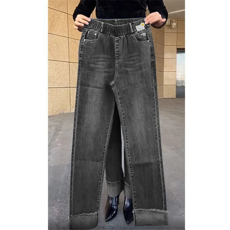 Jean femme d'âge moyen printemps automne taille extensible pantalon en Denim droit grande taille ample taille haute décontractée noir bleu pantalon