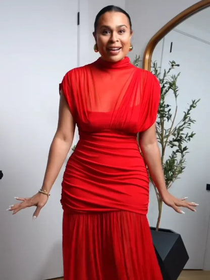 Robe longue de soirée plissée rouge Chic, élégante, manches volantes, maille, Patchwork, Maxi, vacances d'été, plage