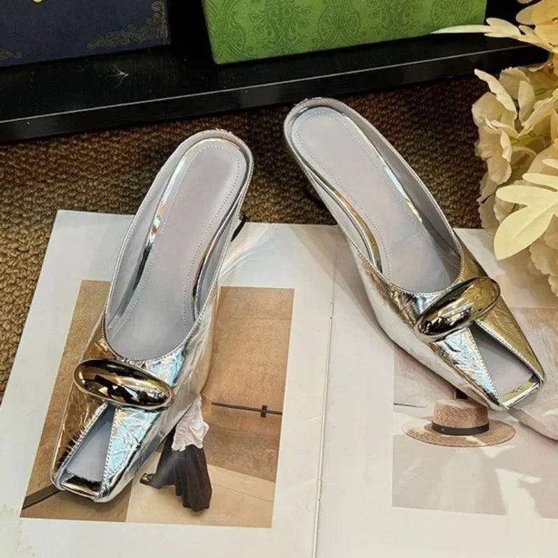 BS – demi-pantoufles rétro pour femmes, bout carré, bouche peu profonde, boucle en métal, sandales compensées polyvalentes et Sexy, été