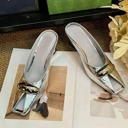 BS – demi-pantoufles rétro pour femmes, bout carré, bouche peu profonde, boucle en métal, sandales compensées polyvalentes et Sexy, été