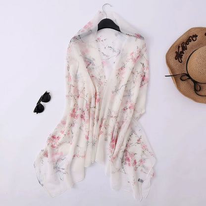 Foulard en soie glacée pour protection solaire, foulard enveloppant, grande serviette de plage pour femmes, imprimé fin, Micro-à traversant, châle de climatisation, 180cm