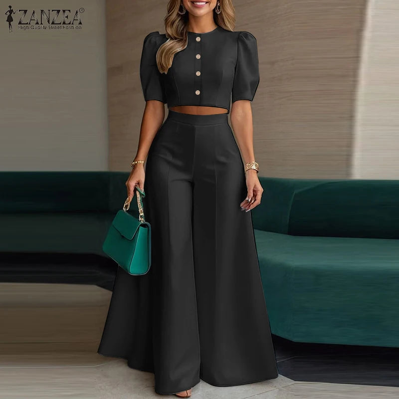 BS -  rue mode femme 2 pièces ensembles élégant manches courtes bouffantes haut court pantalon à jambes larges 2 pièces tenue élégant bureau pantalon ensembles