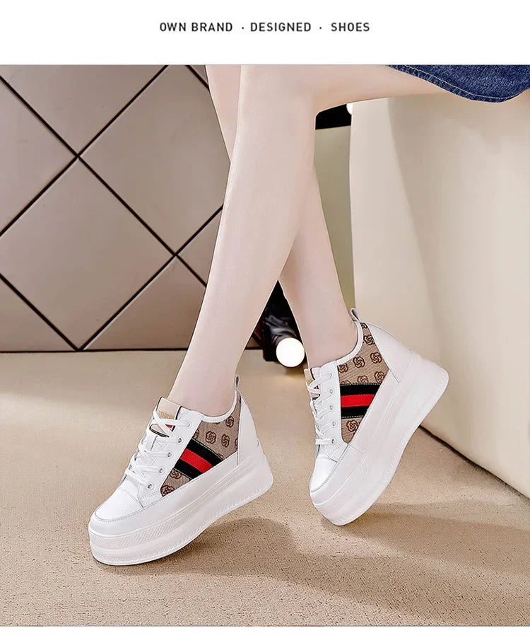 9cm femmes chaussures grosses baskets Air maille évider en cuir véritable blanc chaussures compensées plate-forme talon pompes Mujer Bombas