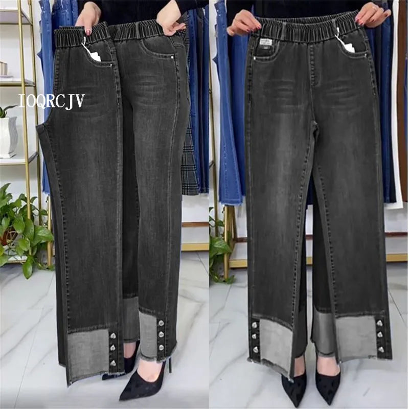 Jean femme d'âge moyen printemps automne taille extensible pantalon en Denim droit grande taille ample taille haute décontractée noir bleu pantalon