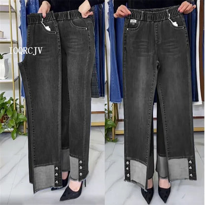 Jean femme d'âge moyen printemps automne taille extensible pantalon en Denim droit grande taille ample taille haute décontractée noir bleu pantalon