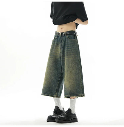 Short en Denim Baggy pour hommes, mode rétro décontractée, ample, jambes larges, longueur mollet, Streetwear Y2K, Style coréen