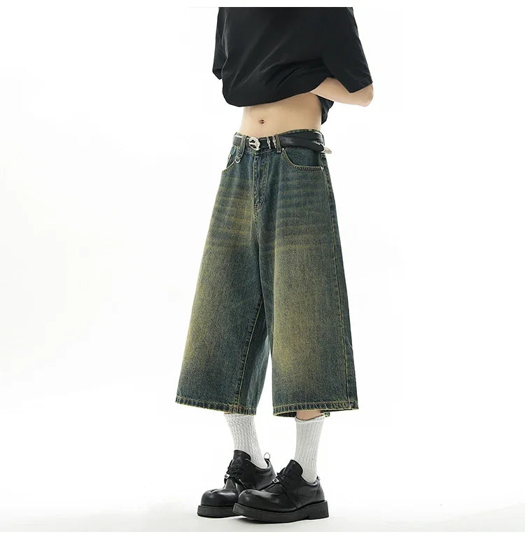Short en Denim Baggy pour hommes, mode rétro décontractée, ample, jambes larges, longueur mollet, Streetwear Y2K, Style coréen