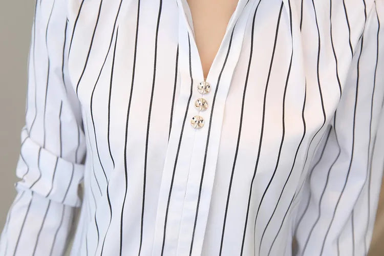 Chemisier à rayures pour femmes, col montant, chemise à manches longues et chemisiers imprimés pour dames, hauts basiques pour femmes