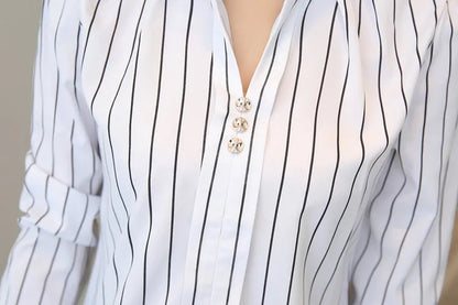 Chemisier à rayures pour femmes, col montant, chemise à manches longues et chemisiers imprimés pour dames, hauts basiques pour femmes