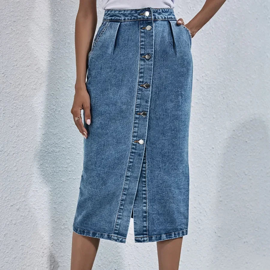 Jupe en jean droite taille haute pour femme, streetwear décontracté, poche, simple boutonnage, longueur genou, tout match, femme, nouveau