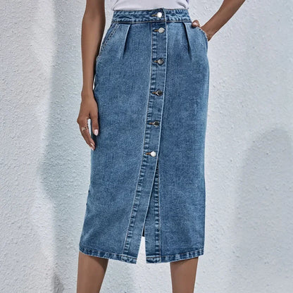 Jupe en jean droite taille haute pour femme, streetwear décontracté, poche, simple boutonnage, longueur genou, tout match, femme, nouveau