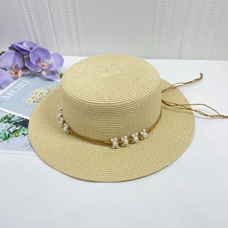 Chapeau plat d'été pour femmes, nouveau style, chapeau de soleil, de plage, de mariage, de thé, élégant, avec coiffure en perles, 모자