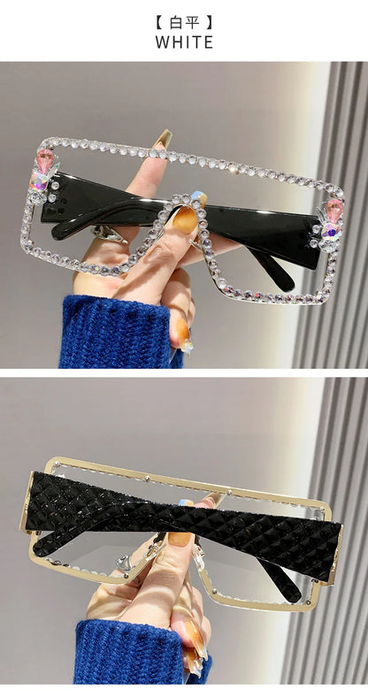 Lunettes de soleil une pièce pour femmes, grande monture rectangulaire incrustée de diamants, avec diamants d'eau