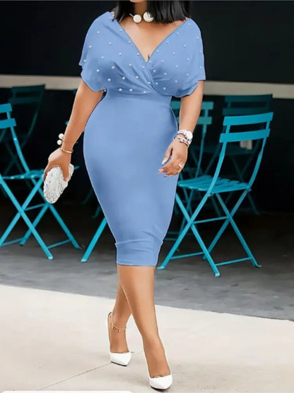 Robe de soirée à la mode pour femmes, Sexy, col en V, robes élégantes aux hanches, couleur unie, Slim, tenue de bureau, été, 2025