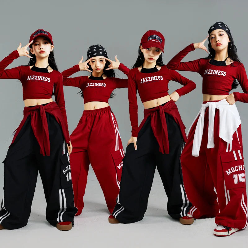 Ensemble T-shirt et pantalon à manches longues pour enfants, mode Hip Hop y2k, Costume de spectacle pour filles, tenue de scène, Costume de danse pour enfants, vêtements de rue