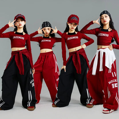 Ensemble T-shirt et pantalon à manches longues pour enfants, mode Hip Hop y2k, Costume de spectacle pour filles, tenue de scène, Costume de danse pour enfants, vêtements de rue