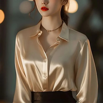 Chemisiers boutonnés à col polo pour femmes, chemise noire française, manches longues, monochromatique, vêtements élégants, dames de bureau, printemps, automne