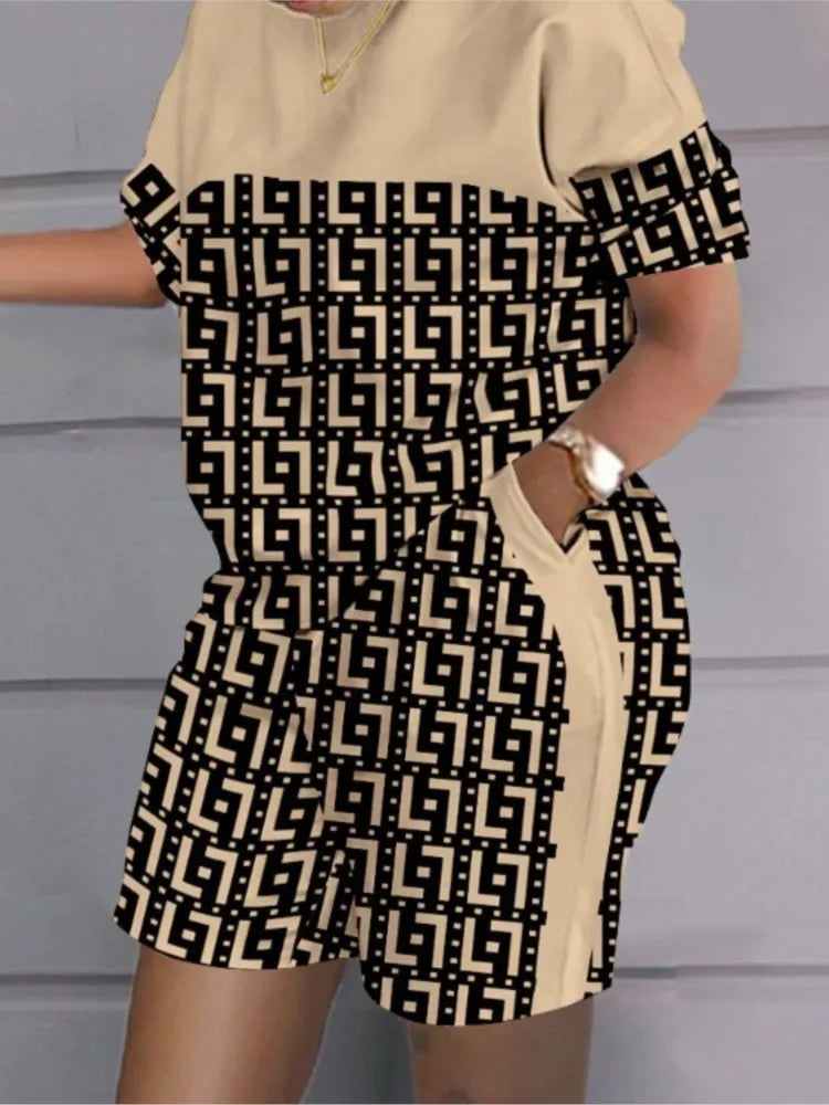 Ensemble deux pièces et short à poches pour femmes, t-shirt imprimé adt, short patchwork, col rond, blanc, décontracté, mode estivale
