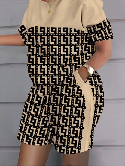 Ensemble deux pièces et short à poches pour femmes, t-shirt imprimé adt, short patchwork, col rond, blanc, décontracté, mode estivale