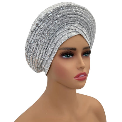 Paillettes Autogele Turban casquette pour femmes prêt africain Auto Gele casque Nigeria mariage Geles femme bandeau dame casque
