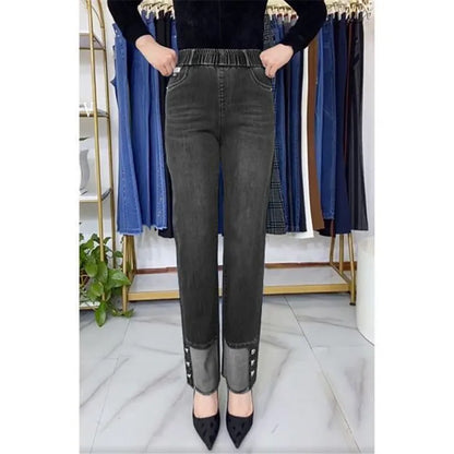 Jean femme d'âge moyen printemps automne taille extensible pantalon en Denim droit grande taille ample taille haute décontractée noir bleu pantalon