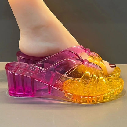 Sandales à talons hauts pour femmes, chaussures d'été en gelée, pantoufles plates, tongs de maison, sandales rétro d'extérieur, pantoufles transparentes