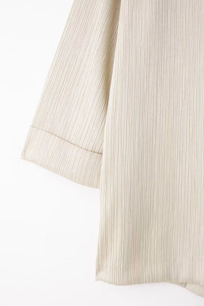 TRAFZA 2025 femmes pantalons décontractés ensemble taille haute pantalon à jambes larges + solide Beige ample glace soie Double boutonnage chemise hauts 2025 à la mode