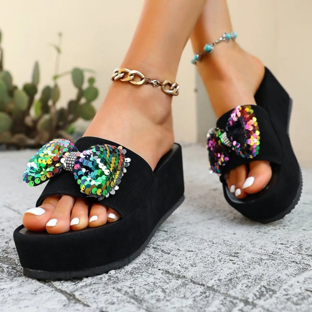 Femmes luxe décor sandales été fleur noire en plein air mode compensées décontracté bureau fête élégant Sexy plate-forme talons hauts 2025