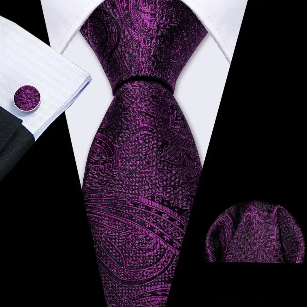 Barry.Wang violet lilas lavande soie hommes cravate mouchoir bouton de manchette ensemble Jacquard cravate florale pour homme mariage fête d'affaires